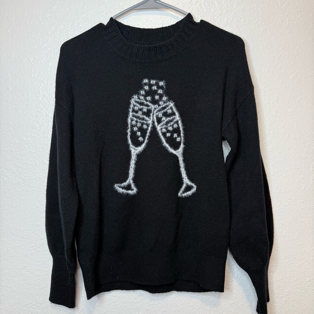 Loft Black Sweater Champagne Glasses Cheers New Years Bubbly Size Extra Small